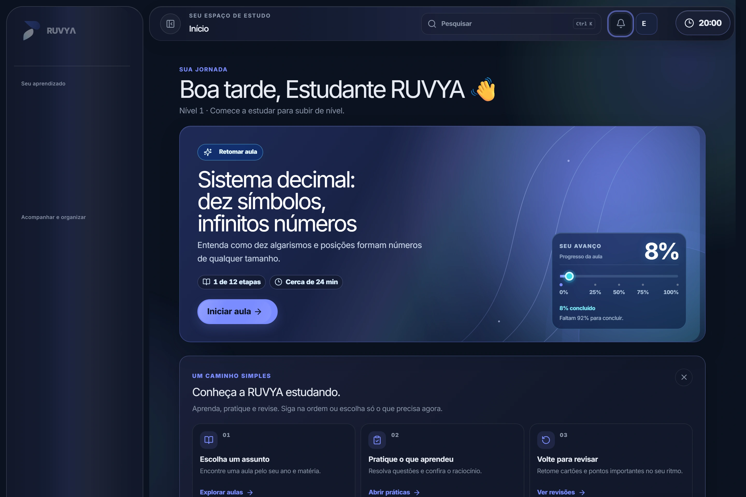 Captura real da área Início da RUVYA, com dados sintéticos de uma conta local de demonstração.